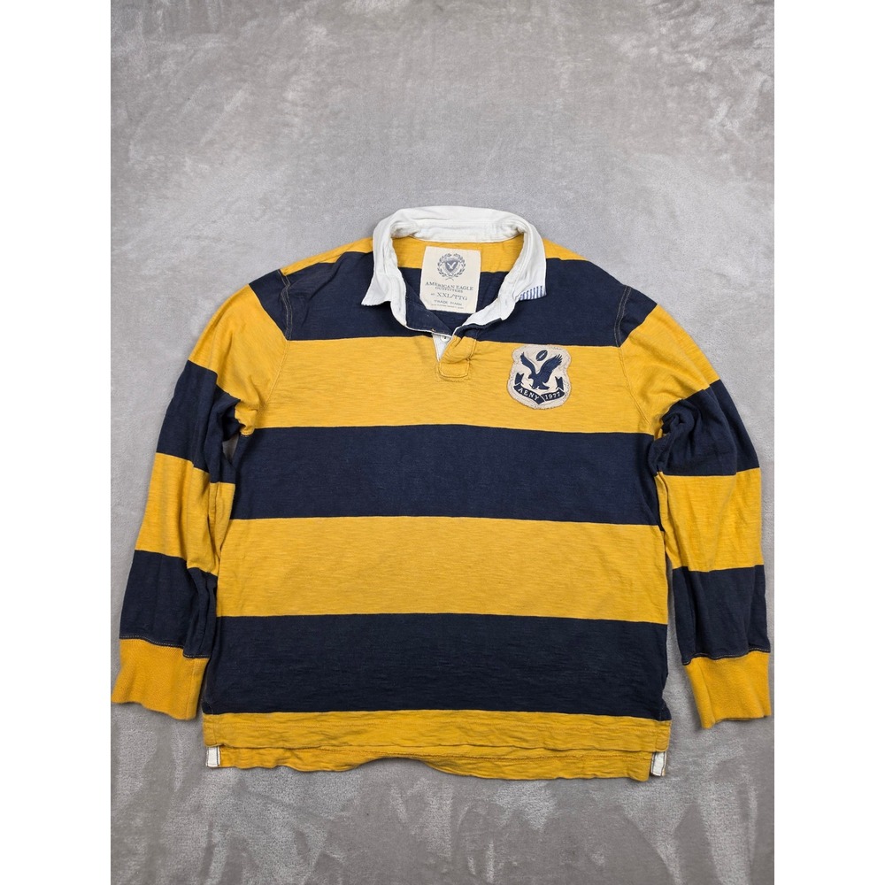 American Eagle Rugby Shirt Men XXL Yellow Blue Stripe Long Sleeve Fits Short Y2K